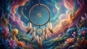 一個帶羽毛的捕夢網懸掛在充滿活力的魔法景觀中，周圍有發光的花朵。 — 捕夢網 壁紙