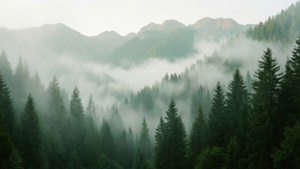 霧氣瀰漫的森林，背景有松樹和山巒。 — 山景 壁紙