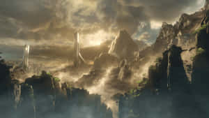 超現實的山景，發光的巨石在暴風雨的天空下從迷霧中升起。 — 最後一戰： Reach 壁紙