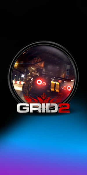 Grid 2 賽車遊戲標誌，帶有發光的紅色尾燈和霓虹燈光在圓形鏡片中反射。 — Pixel 3 壁紙