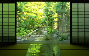 傳統日式房間，障子屏風框出寧靜的庭園景色。 — 花園 壁紙