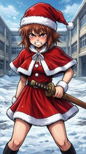 憤怒的動漫女孩穿著聖誕老人服裝，在雪地校園裡拿著劍。 — 動漫聖誕 壁紙