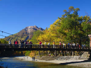 人們走過河上的木橋，背景有秋樹和山。 — 塔橋 壁紙