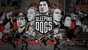 《Sleeping Dogs》遊戲封面，在混亂的街道場景中展示風格化的角色。 — 電玩遊戲 GIF 壁紙