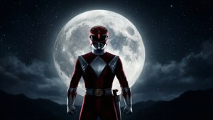 紅色Power Ranger站在巨大月亮前，背景是星空。