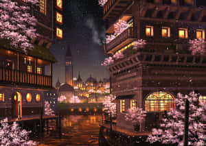 夜晚，櫻花飄過運河，建築物散發出溫暖的光芒。 — 櫻島麻衣 壁紙