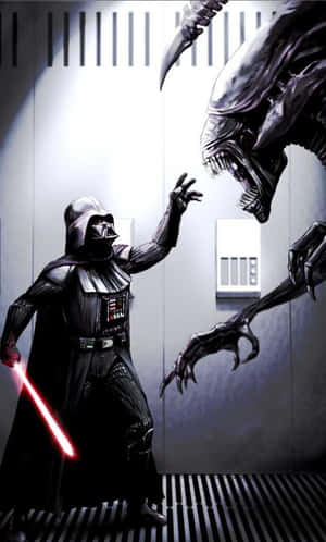 達斯維達在昏暗的太空船走廊中與致命的外星人對抗。 — Infinix Xpad 壁紙