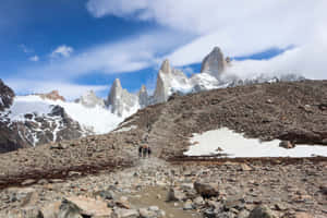 遠足者在晴朗藍天下，沿著岩石山路向積雪的山峰攀登。 — 山脈 壁紙