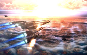 未來太空船在日落時分飛越城市上空的雲層。 — Steam Deck OLED 壁紙