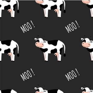 黑白卡通牛，有粉紅色鼻子和「MOO！」文字，在灰色背景上。 — 乳牛動圖 壁紙