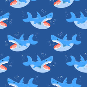 卡通鯊魚在藍色背景上與氣泡一起游動 — 鯊魚 壁紙