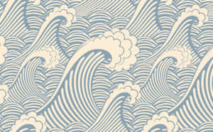 重複的風格化海浪以奶油色和藍色呈現，流暢的線條和泡沫般的浪尖。 — 藍色美學電腦 壁紙