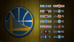 金州勇士隊標誌和NBA賽程表在木質背景上。 — 金州勇士 壁紙