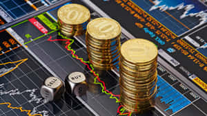 金融交易圖表上的金幣堆，帶有買入和賣出的骰子。 — 外匯 壁紙