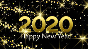 金色2020 Happy New Year文字，黑色背景上閃爍的星星 — 新年快樂 2020 壁紙