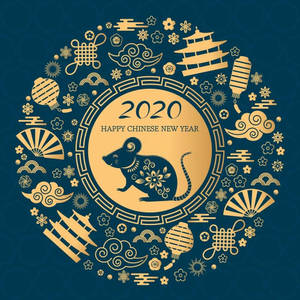 藍色背景上的金色老鼠和2020年中國新年節日符號 — 新年快樂 2020 壁紙