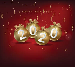 金色2020年裝飾品，帶有蝴蝶結和五彩紙屑，紅色背景，用於新年慶祝。 — 新年快樂 2020 壁紙