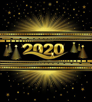 金色2020新年圖形，帶有星爆和樹木，背景為黑色 — 新年快樂 2020 壁紙