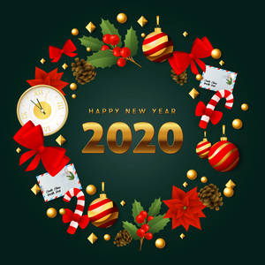 節日新年2020問候，帶有紅色蝴蝶結、拐杖糖和裝飾品，背景為深綠色。 — 新年快樂 2020 壁紙