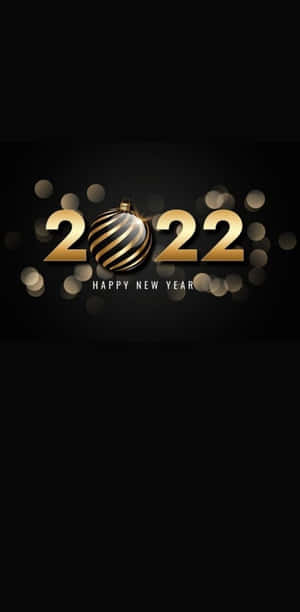 金色2022年新年文字，帶有裝飾和燈光，黑色背景。 — 省電 壁紙