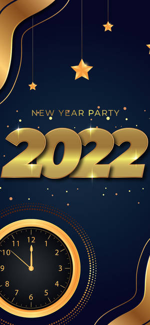 金色新年2022派對文字，星星和午夜敲響的時鐘，深藍色背景。 — iPhone 16 Pro Max 壁紙