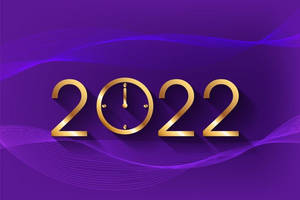 紫色波浪背景上的金色2022與時鐘面零點 — 新年快樂 2020 壁紙
