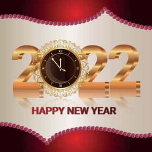 2022年新年快樂，金色時鐘和紅色珠飾邊框。 — 新年快樂 壁紙