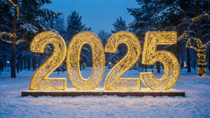 在黃昏時分的雪地公園中，發光的金色2025標誌與裝飾樹木。 — 暮光 壁紙