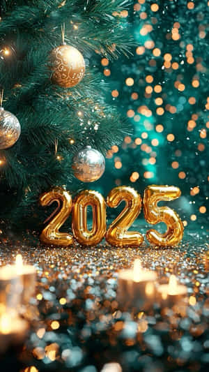 金色2025氣球在亮粉上，靠近有散景燈光的聖誕樹 — 新年快樂 壁紙