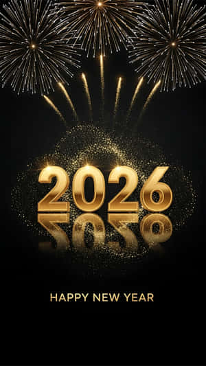 金色2026配煙火和反射，黑色背景，適合新年慶祝 — 1440x2560 壁紙