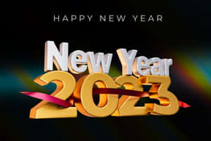金色3D新年2023文字配紅色絲帶，深色背景帶彩虹光條。 — 新年快樂 壁紙