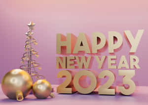 Happy New Year 2023 文字配金色裝飾和螺旋樹，背景為粉紅色 — 新年快樂 壁紙