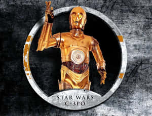 金色C-3PO機器人置於圓形框架內，帶有Star Wars文字。 — 4K 星際大戰 壁紙