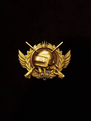 金色PUBG標誌，帶有頭盔和交叉的槍支，黑色背景。 — 遊戲玩家標誌 壁紙