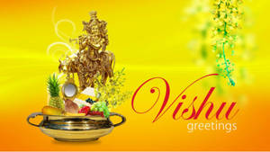 Vishu節日祝福，金色神像和新鮮水果放在碗中。 — 慶祝 壁紙