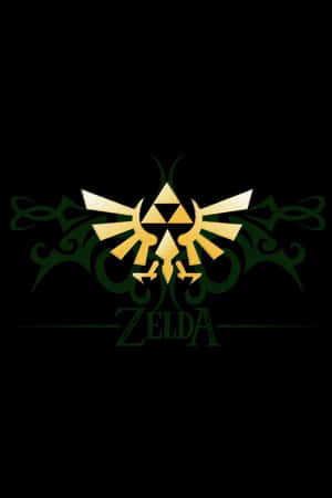 金色三角力量標誌，帶有綠色裝飾元素，Zelda 文字位於黑色背景上。 — 薩爾達 壁紙