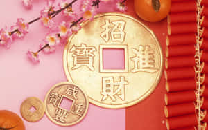 金色中國錢幣帶有福字，被櫻花和鞭炮環繞。 — 春節 壁紙
