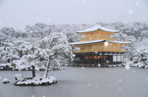 金色寺廟被雪覆蓋，旁邊是結冰的湖泊和積雪的樹木。 — 冬季風景 壁紙