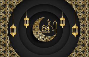 黑色背景上帶有金色燈籠和新月的Eid Mubarak祝福。 — 慶祝 壁紙