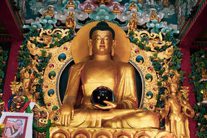 金色佛像在裝飾著神祇和花朵的寺廟中手持黑色球體。 — 佛陀 壁紙