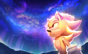 金色刺蝟角色，背景是星空宇宙天空，下方有山脈。 — 音速小子 壁紙