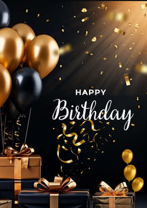 happy birthday 文字，金色和黑色氣球、禮物和五彩紙屑在燦爛的光芒中飄落。 — OnePlus Pad 3 壁紙