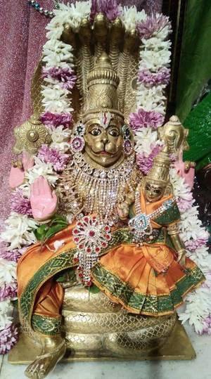 金色哈努曼雕像以花朵裝飾，懷抱著一位兒童神祇。 — Maa Durga 壁紙
