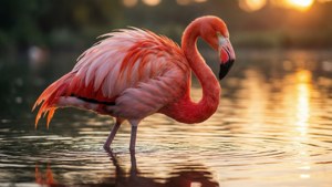 一隻粉紅色火烈鳥在金色夕陽光下涉水而行。 — 火鶴 壁紙