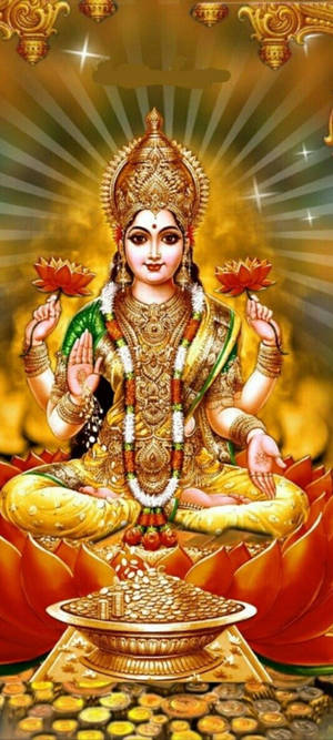 金色女神拉克什米坐在蓮花上，硬幣和蓮花象徵繁榮與神性。 — Maa Durga 壁紙