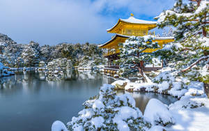 白雪覆蓋的金色寺廟亭閣旁邊有一個寧靜的冬日湖泊。 — 日式 壁紙