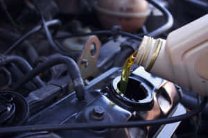 車輛維修期間將金色機油倒入引擎機油蓋。