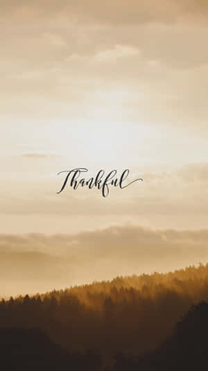 霧氣繚繞的森林山丘上的日出，帶有優雅字體的 thankful 一詞。 — 語錄 壁紙