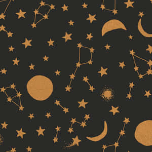 深色背景上帶有金色星星、星座和月亮的天體圖案。 — 月光 壁紙