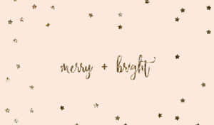 蜜桃色背景上帶有金色星星和merry bright文字 — 抽象聖誕 壁紙